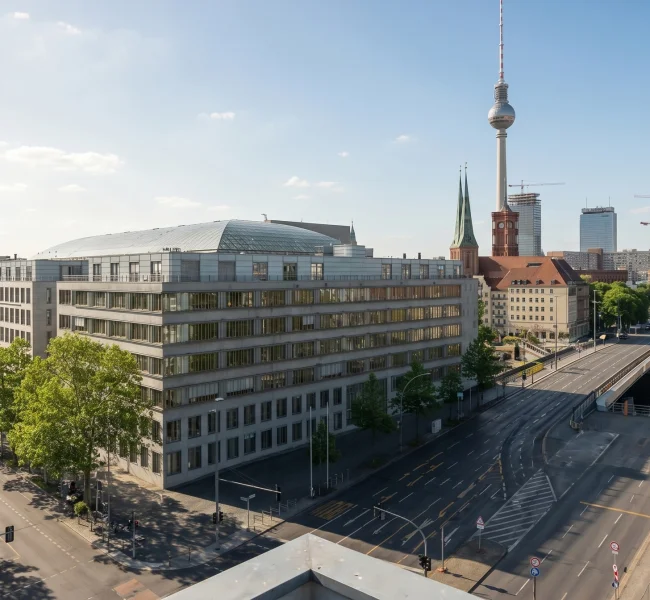 Panoramablick über Berlin Mitte mit Fernsehturm, Berliner Dom und Spree – Standort der Kanzlei Dieckert Recht und Steuern
